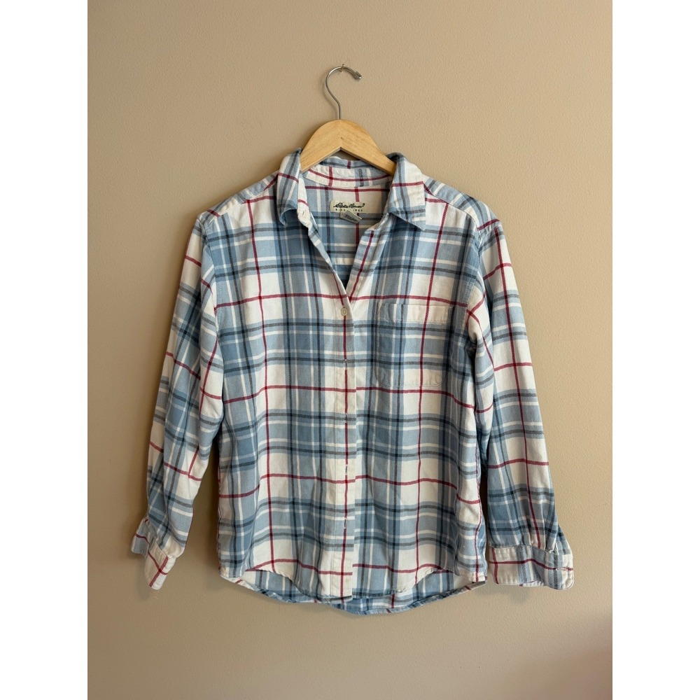 Patriotic Womens Plaid Flannel Shirt Blue White Red Cotton Button Down Size‎ M